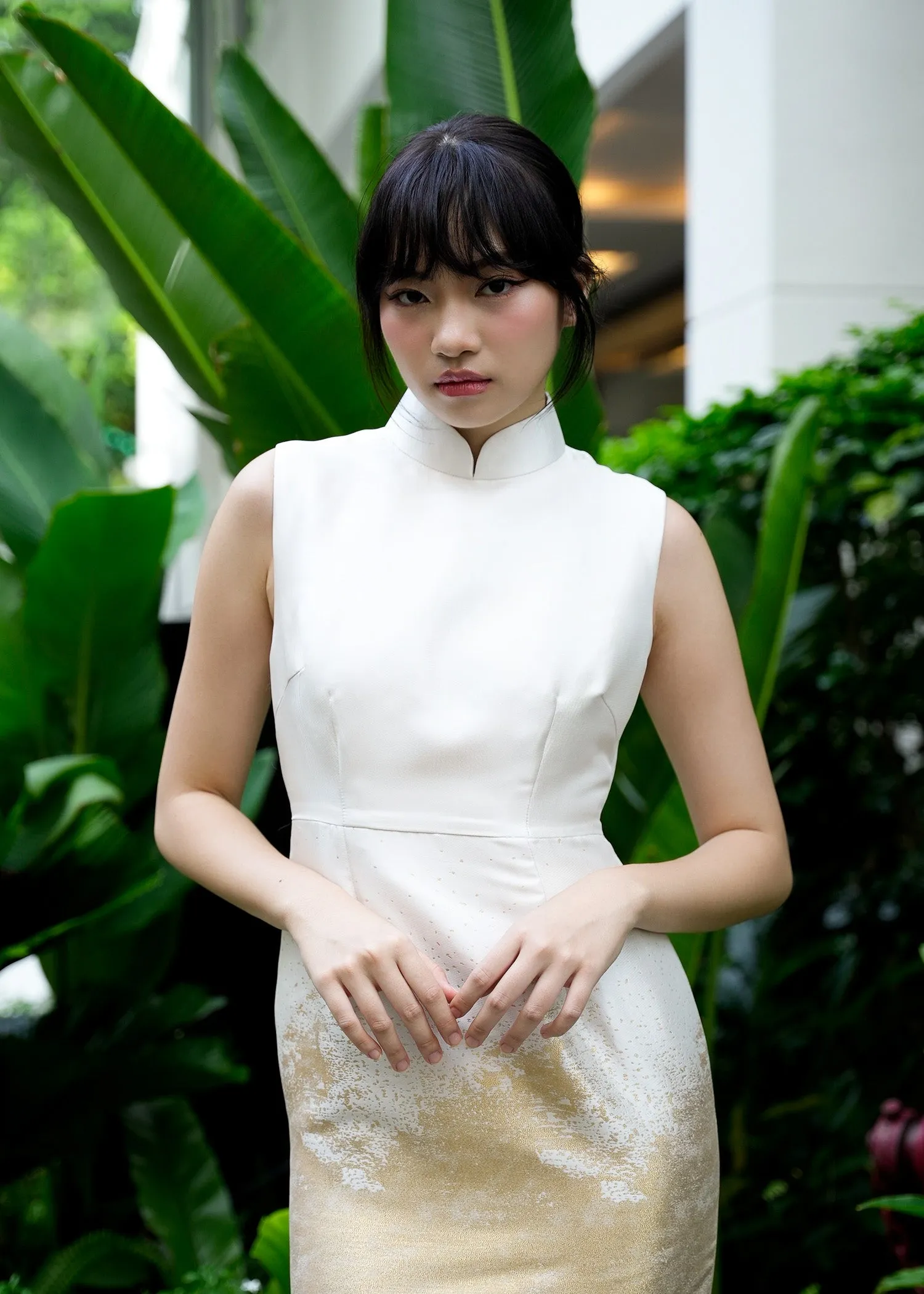 Common Mallows Midi Qipao (White/ Gold) - RTW