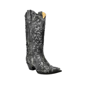 Corral Women's Glitter Inlay Floral Overlay With Crystals And Studs Snip Toe Cowboy Grey Boot