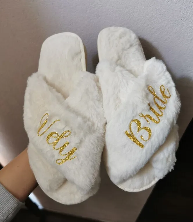 Custom Bride Bridesmaid Slippers Fluffy | Personalized Gifts | Bachelorette Party | Bridesmaid Gifts | Wedding Gifts | Bridal Shower