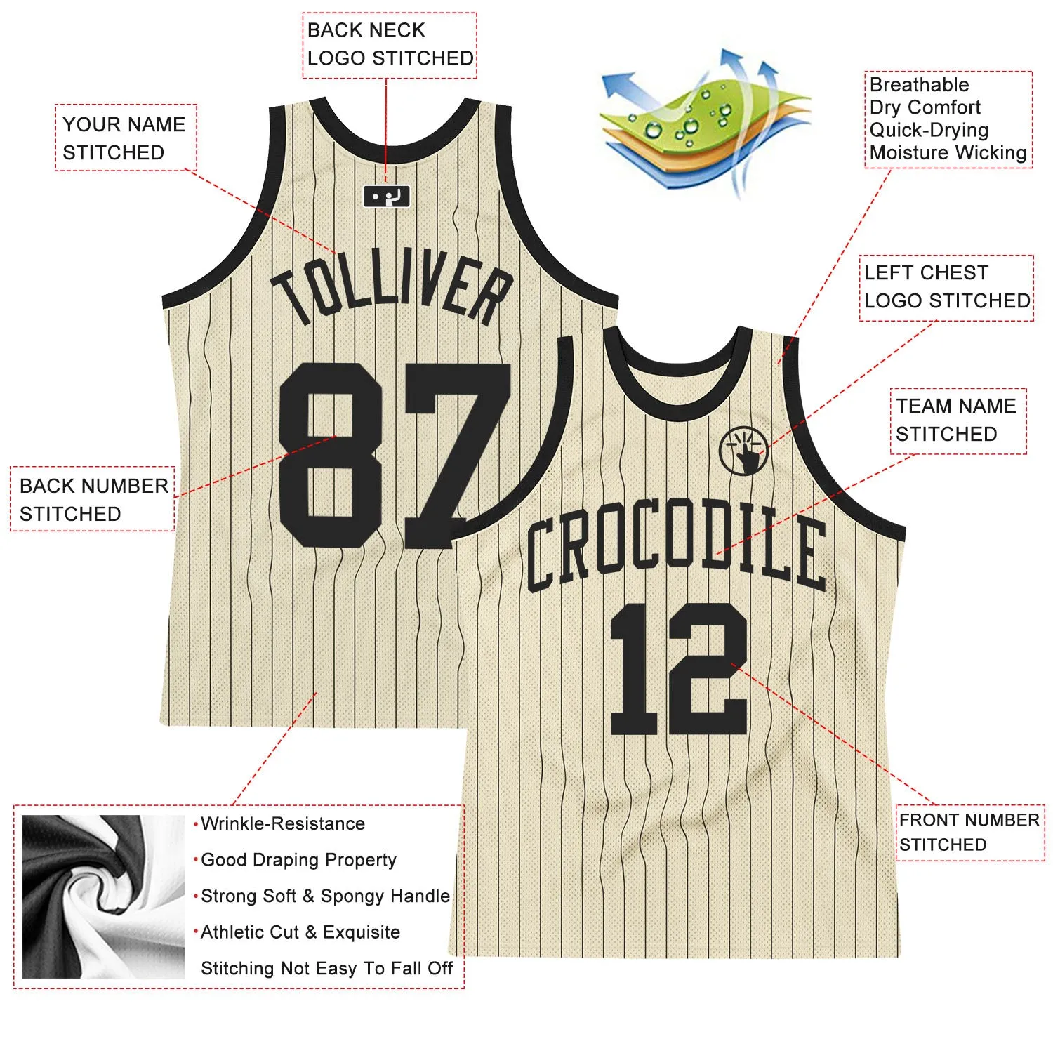 Custom Cream Black Pinstripe Black Authentic Basketball Jersey