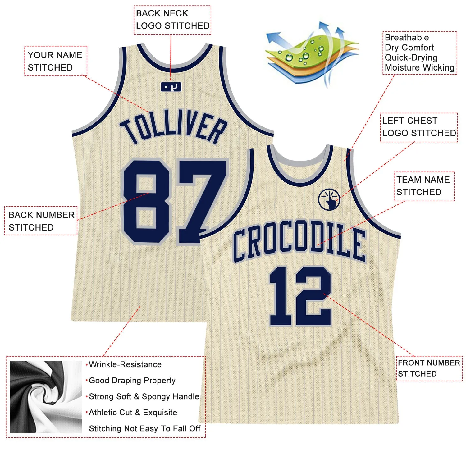 Custom Cream Gray Pinstripe Navy Authentic Basketball Jersey