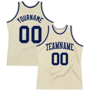 Custom Cream Gray Pinstripe Navy Authentic Basketball Jersey