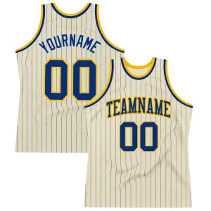 Custom Cream Royal Pinstripe Royal-Gold Authentic Basketball Jersey