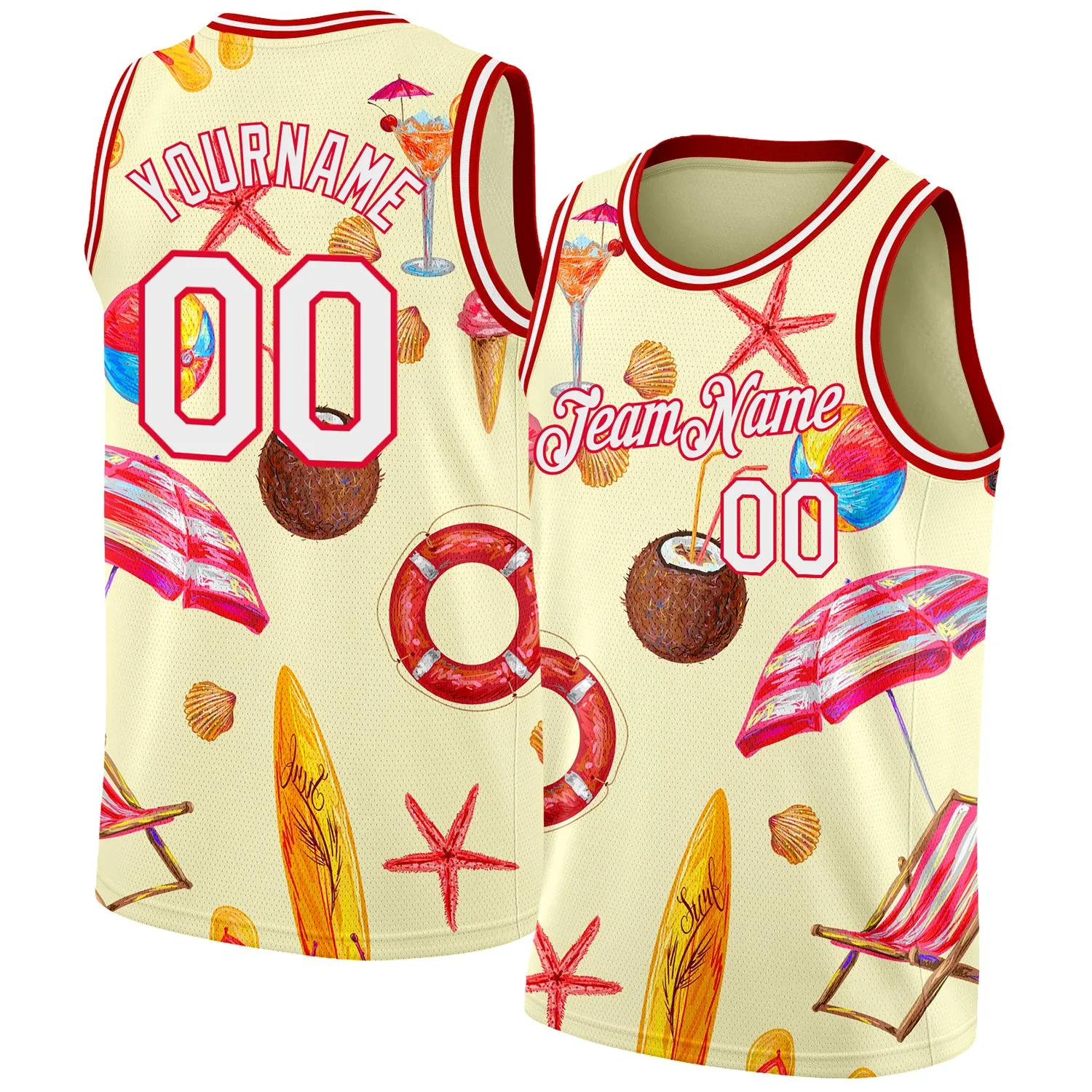 Custom Cream White-Red 3D Pattern Tropical Hawaii Beach Authentic Basketball Jersey