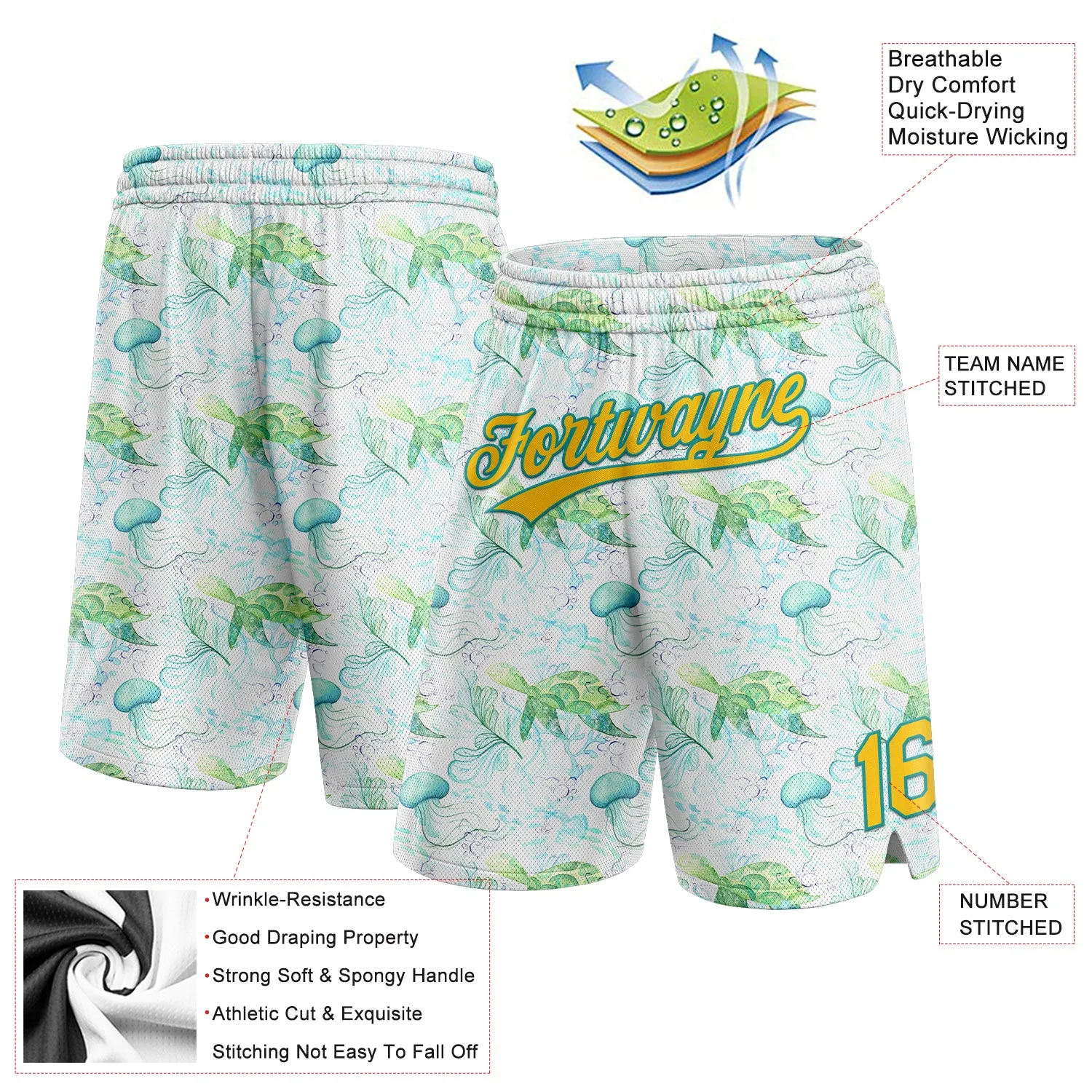 Custom White Yellow-Teal 3D Pattern Aquatic Plants And Jellyfish Authentic Basketball Shorts