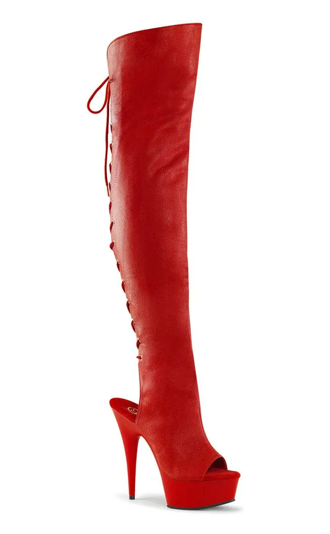 DELIGHT-3019 Red Vegan Leather Thigh High Boots