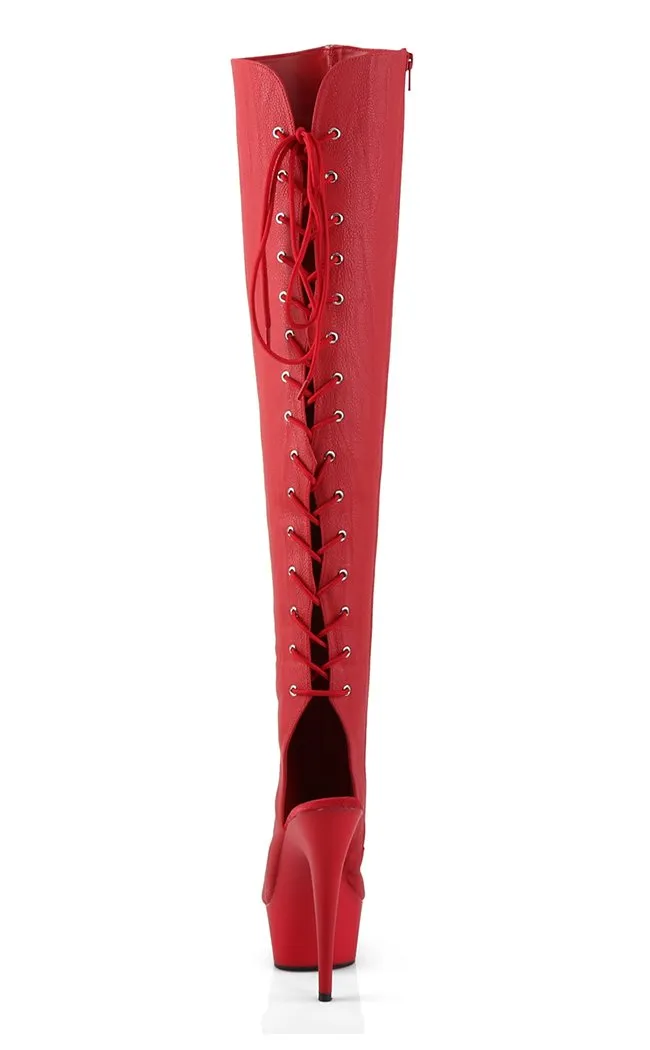 DELIGHT-3019 Red Vegan Leather Thigh High Boots