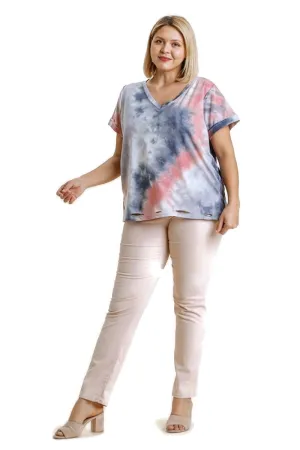 Distressed Tie Dye Top, Grey/Rose