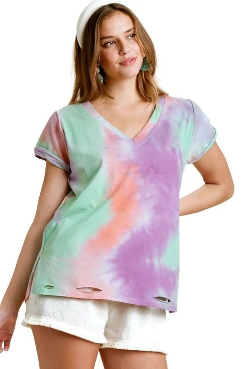 Distressed Tie Dye Top, Peach/Purple