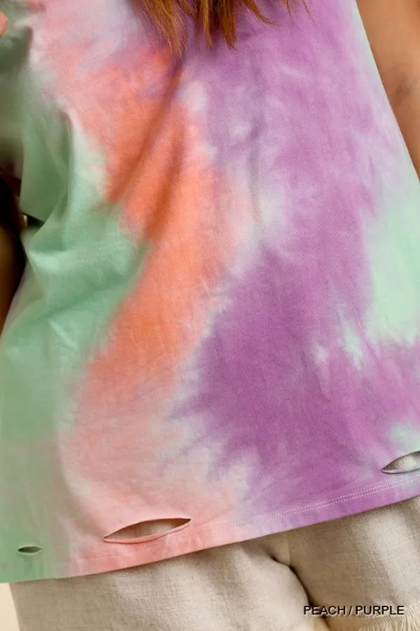 Distressed Tie Dye Top, Peach/Purple