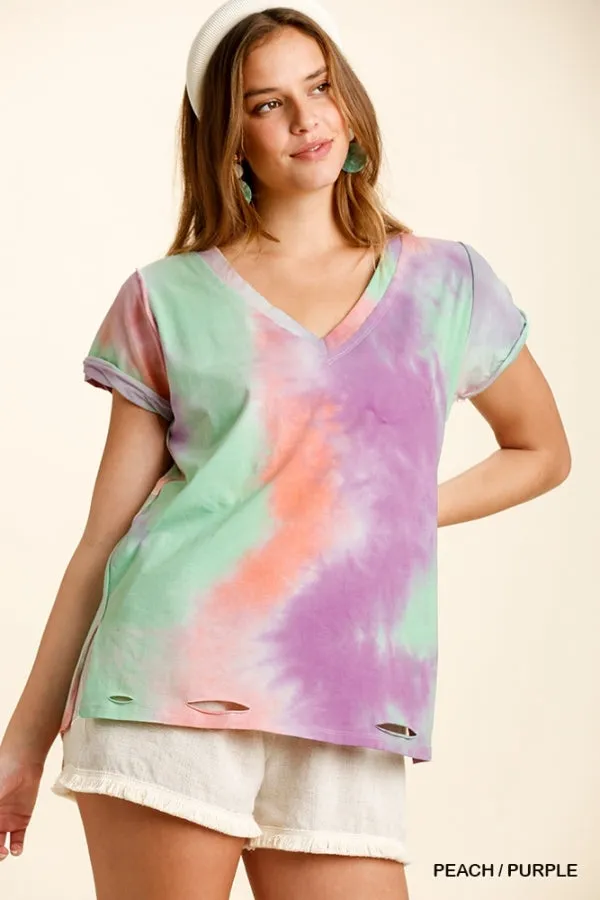 Distressed Tie Dye Top, Peach/Purple