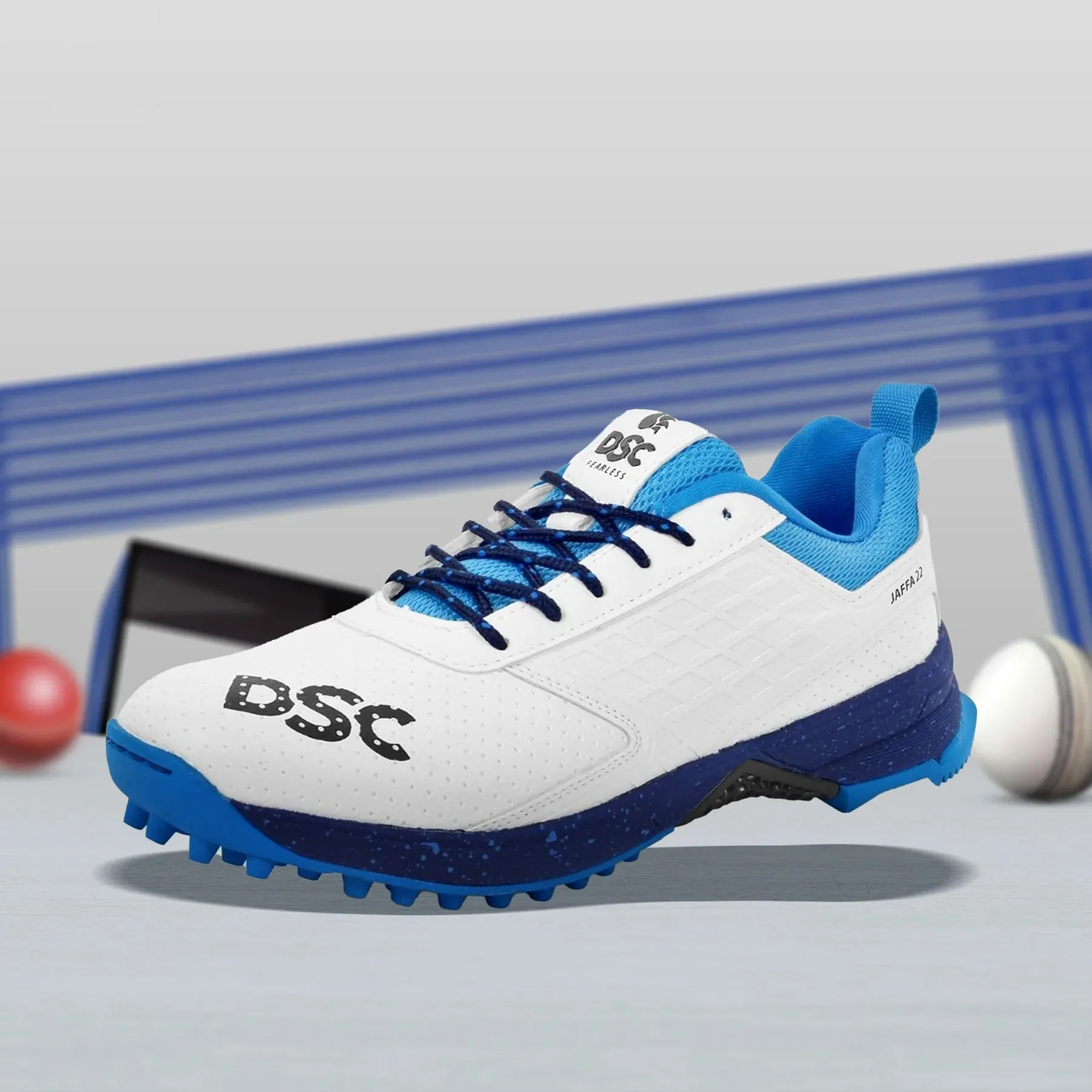 DSC Jaffa 22 Cricket Spike Shoes (White / Blue) - DOD