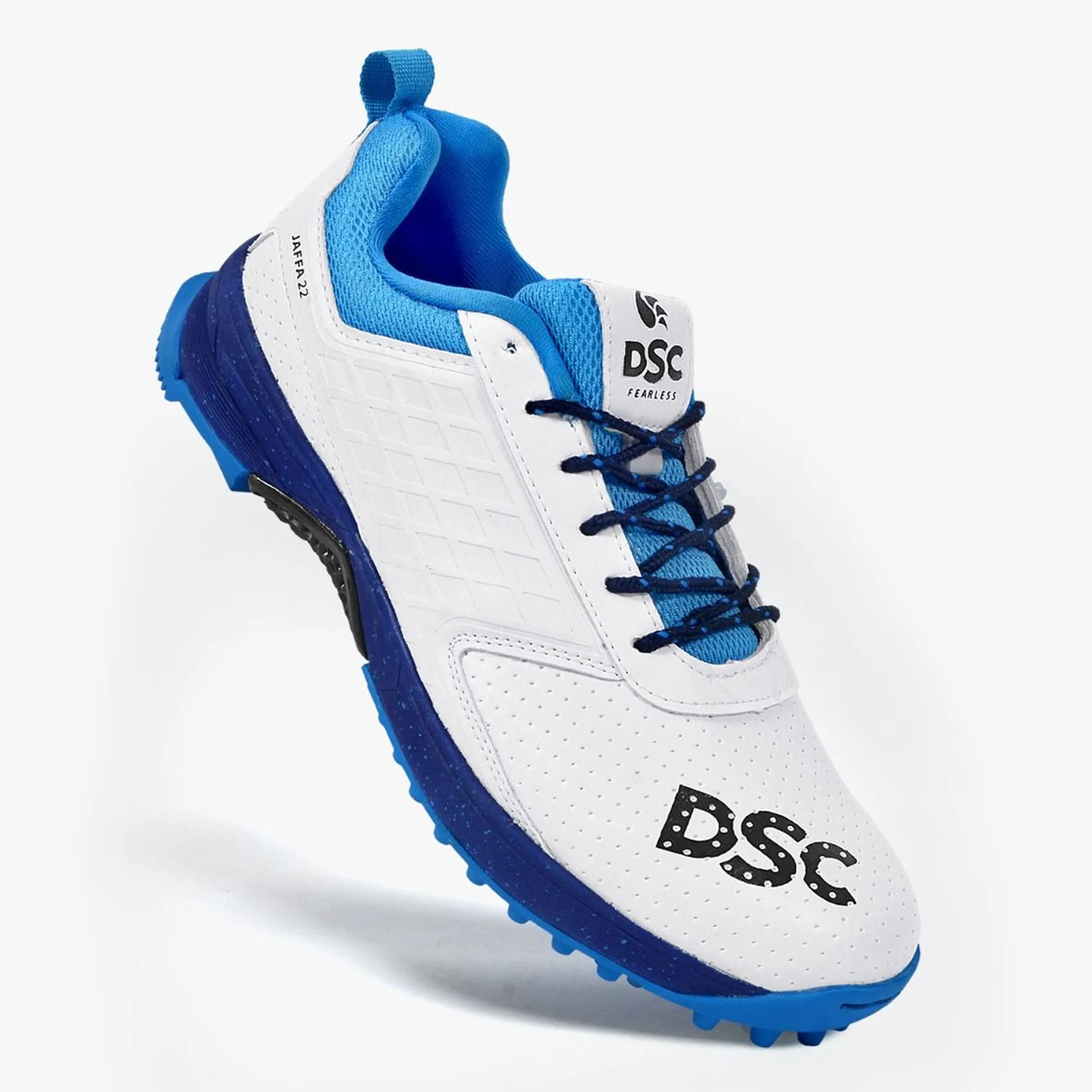 DSC Jaffa 22 Cricket Spike Shoes (White / Blue) - DOD