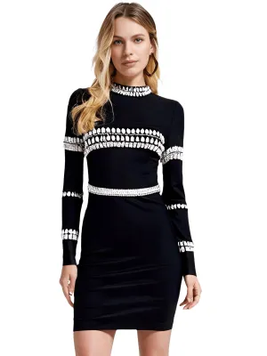 Elegant Long Sleeve Bandage Diamond Black Mini Dress Women