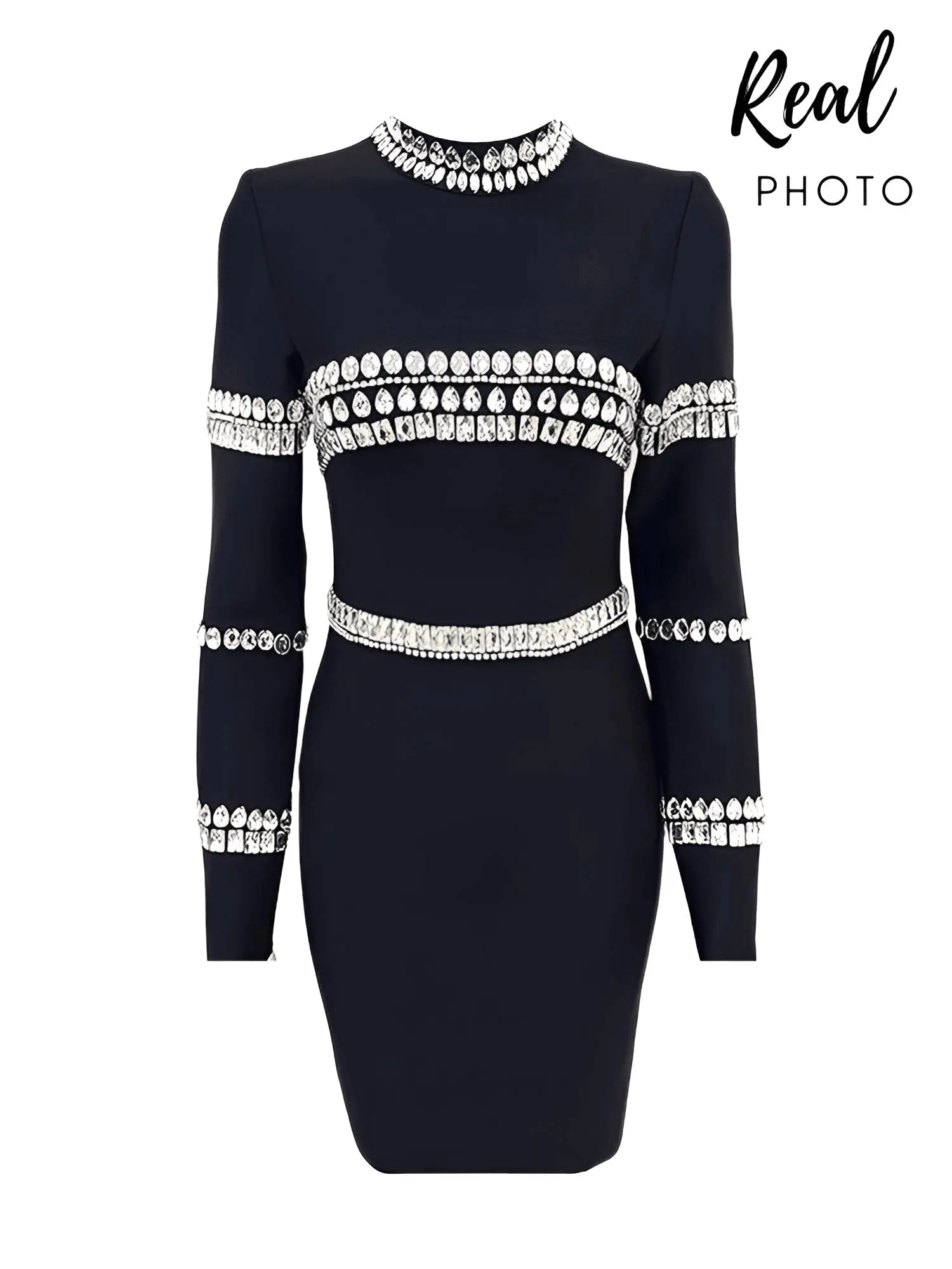 Elegant Long Sleeve Bandage Diamond Black Mini Dress Women