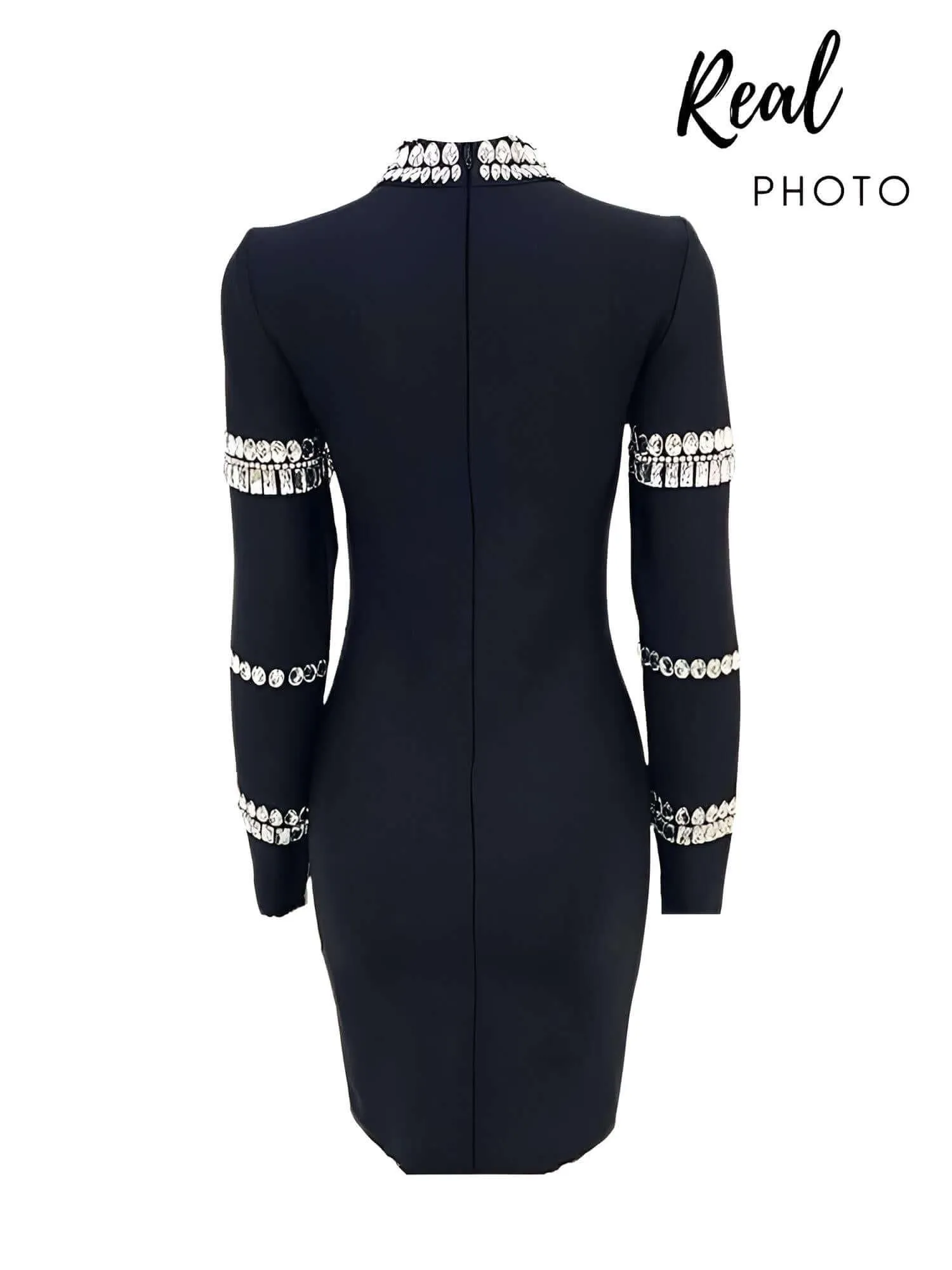 Elegant Long Sleeve Bandage Diamond Black Mini Dress Women