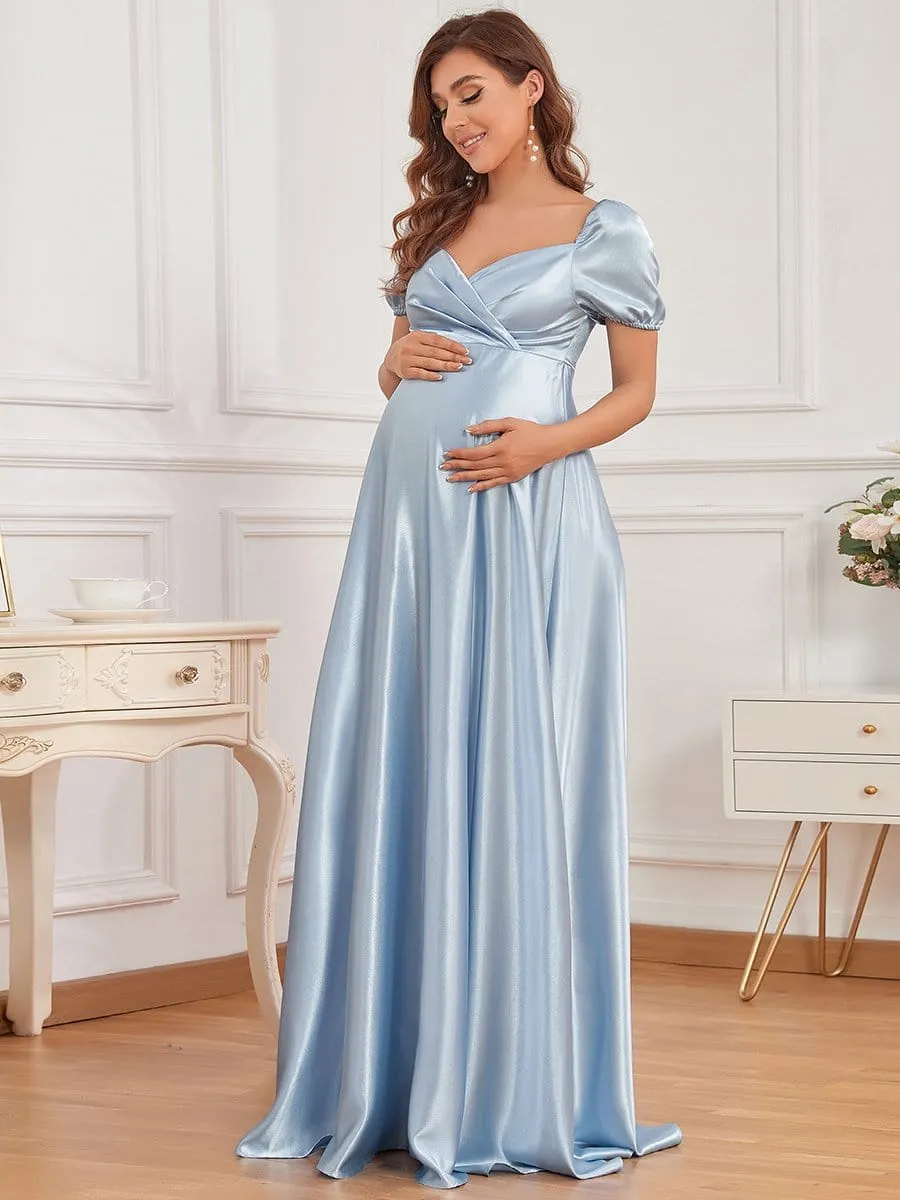 Elegant V-Neck Floor-Length Short Sleeve Bump Friendly Dresses