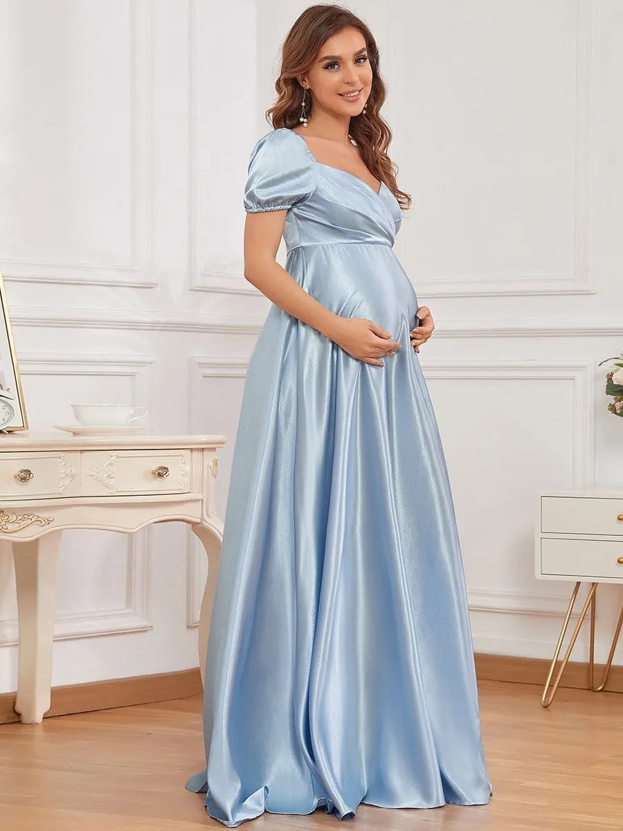 Elegant V-Neck Floor-Length Short Sleeve Bump Friendly Dresses