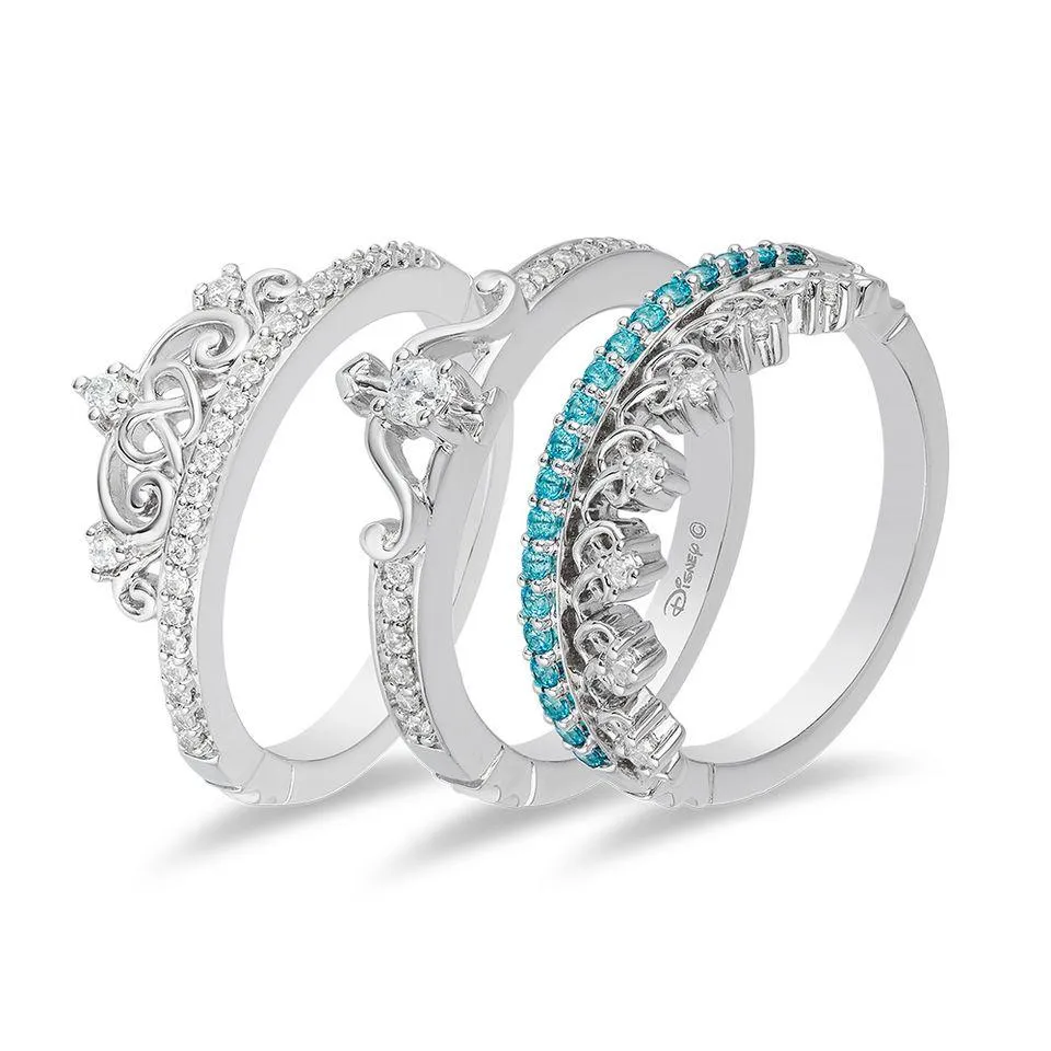 Enchanted Disney Fine Jewelry 10K White Gold with 1/5Cttw Diamond with Paribha Topaz Merida Trio Set Ring