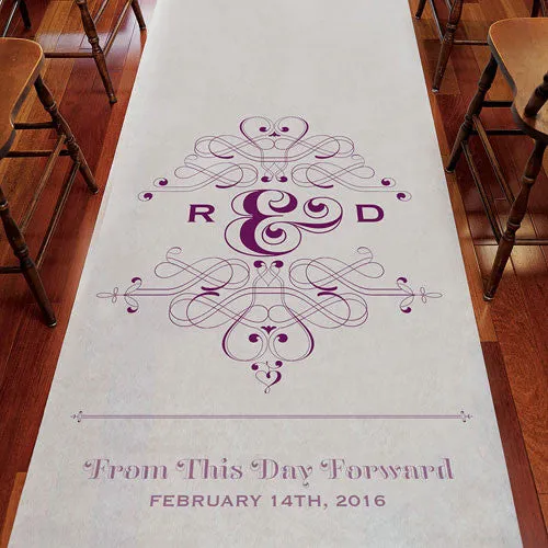 Fanciful Monogram Personalized Aisle Runner White With Hearts Lavender