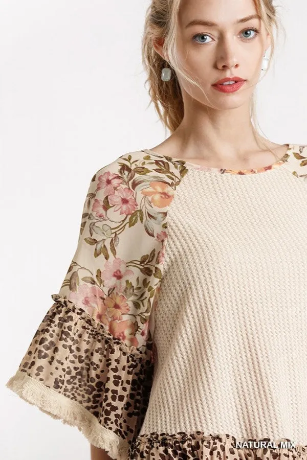 Floral & Animal  Waffle Knit Top, Natural