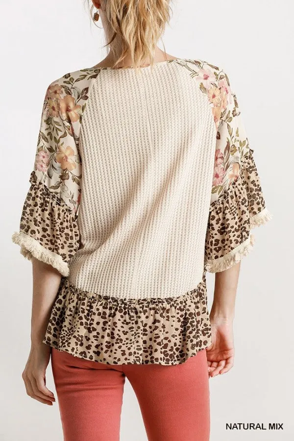 Floral & Animal  Waffle Knit Top, Natural