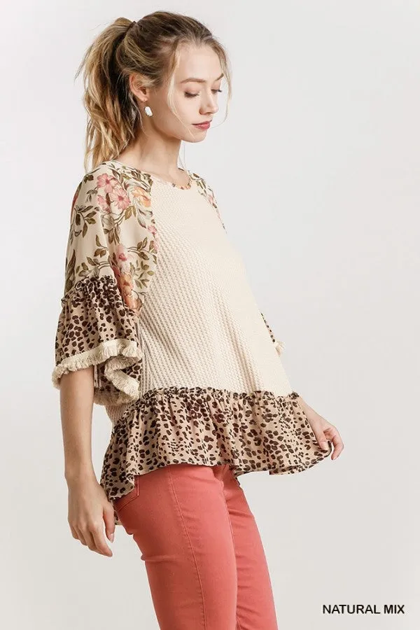 Floral & Animal  Waffle Knit Top, Natural