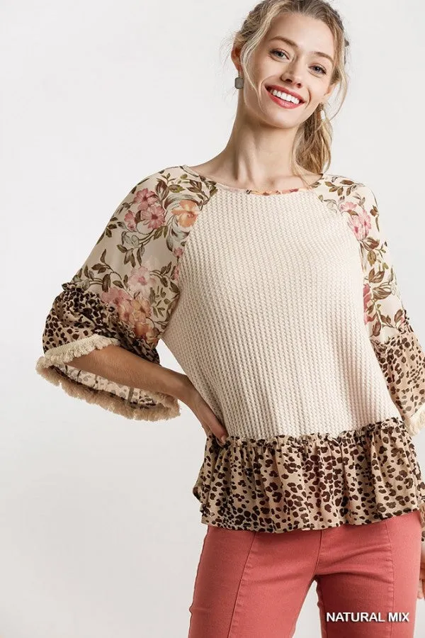 Floral & Animal  Waffle Knit Top, Natural