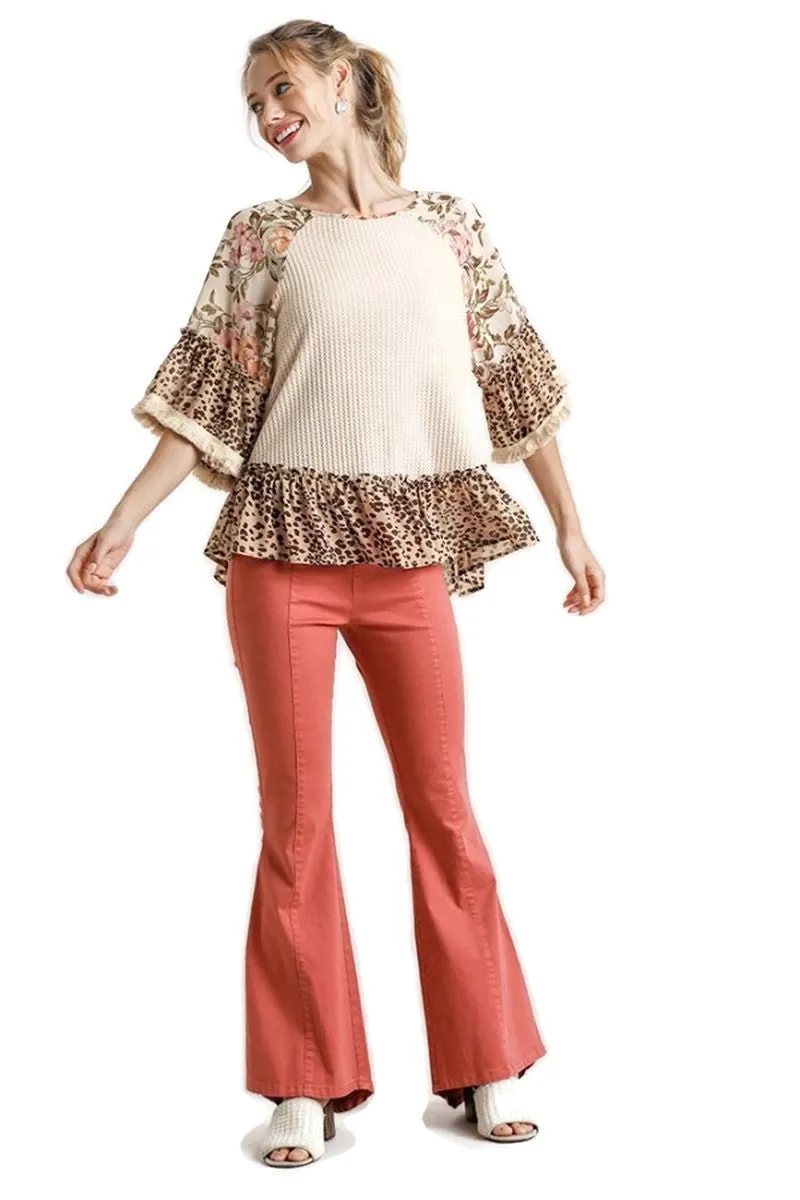 Floral & Animal  Waffle Knit Top, Natural