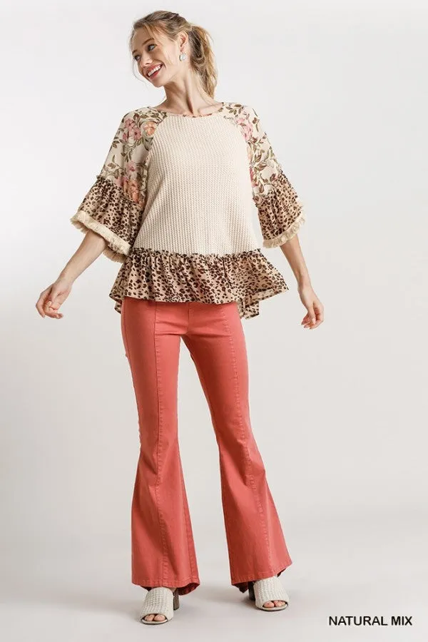 Floral & Animal  Waffle Knit Top, Natural