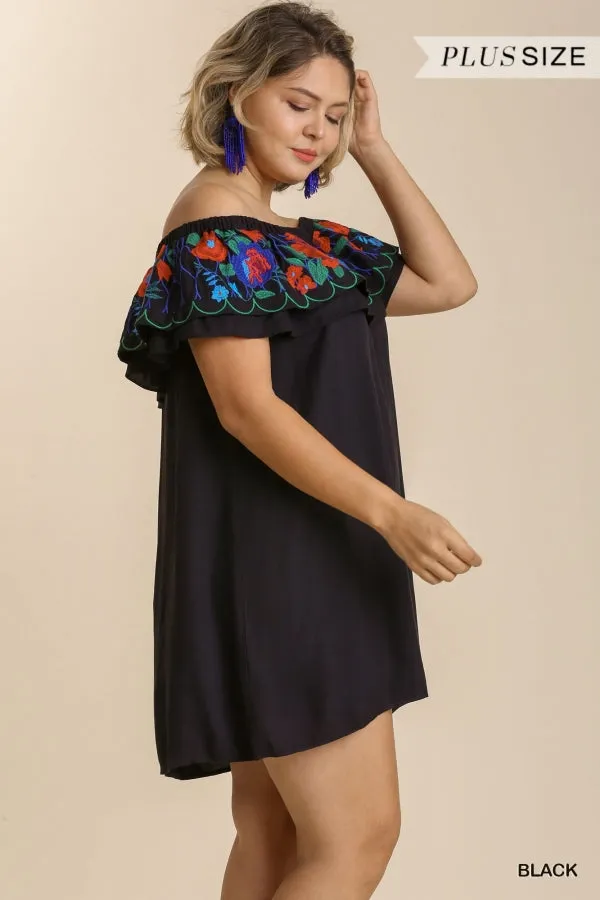 Floral Embroidered Ruffled Dress, Black