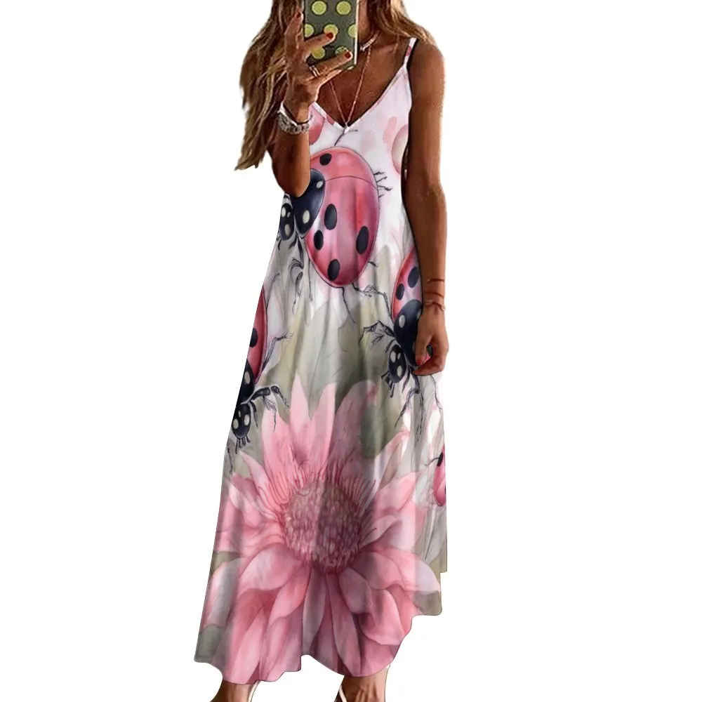 Floral Ladybird Spaghetti Strap Ankle-Length Dress Long dress