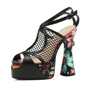 Floral Peep Toe Hollow Out Platform Sandals