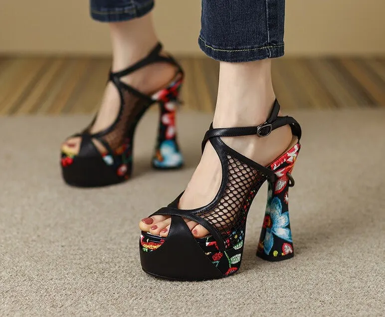 Floral Peep Toe Hollow Out Platform Sandals