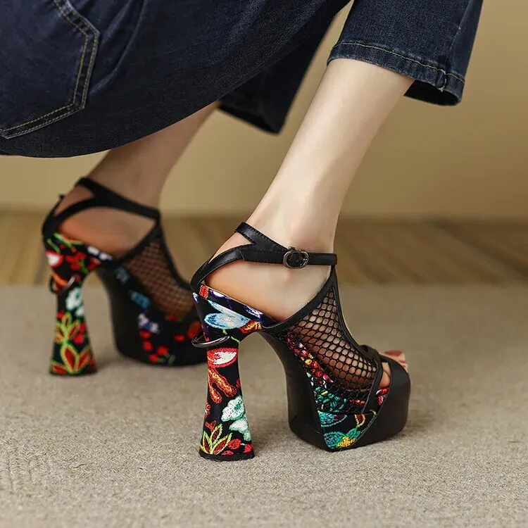 Floral Peep Toe Hollow Out Platform Sandals