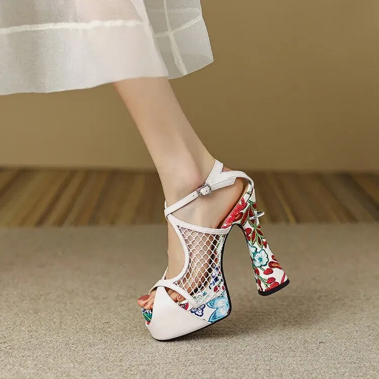 Floral Peep Toe Hollow Out Platform Sandals