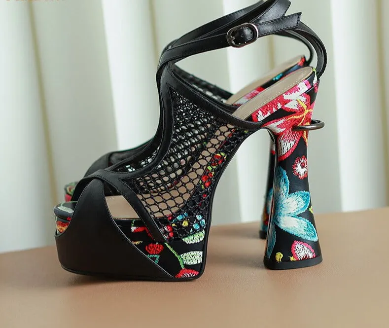 Floral Peep Toe Hollow Out Platform Sandals