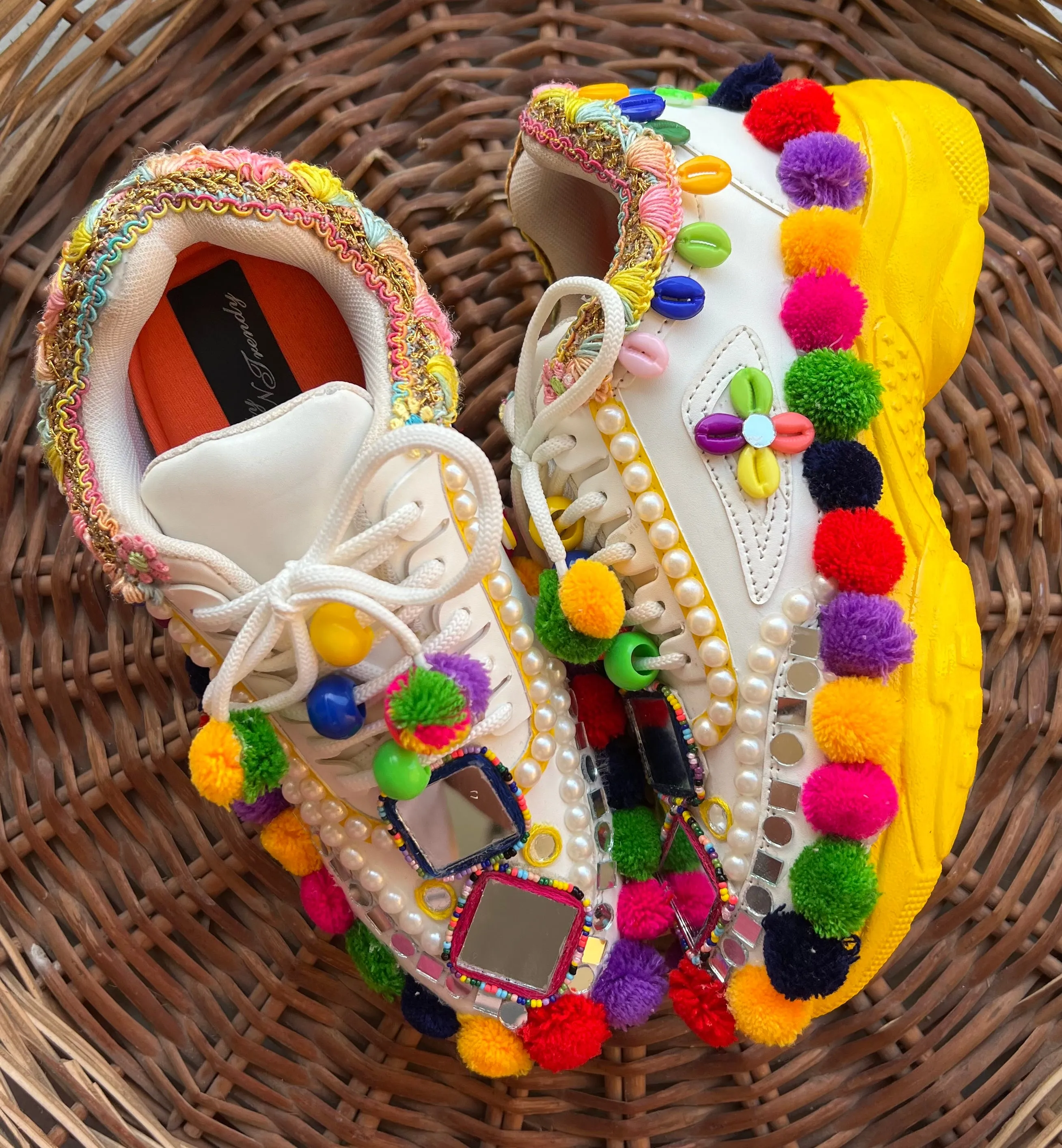 Funky N Trendy hand crafted yellow and multi colored  hand work bridal sneakers/ bridesmaid sneaker / yellow sneakers/ yellow shoes for haldi ceremony/ pom pom shoes/ garba shoes / Gujarati shoes