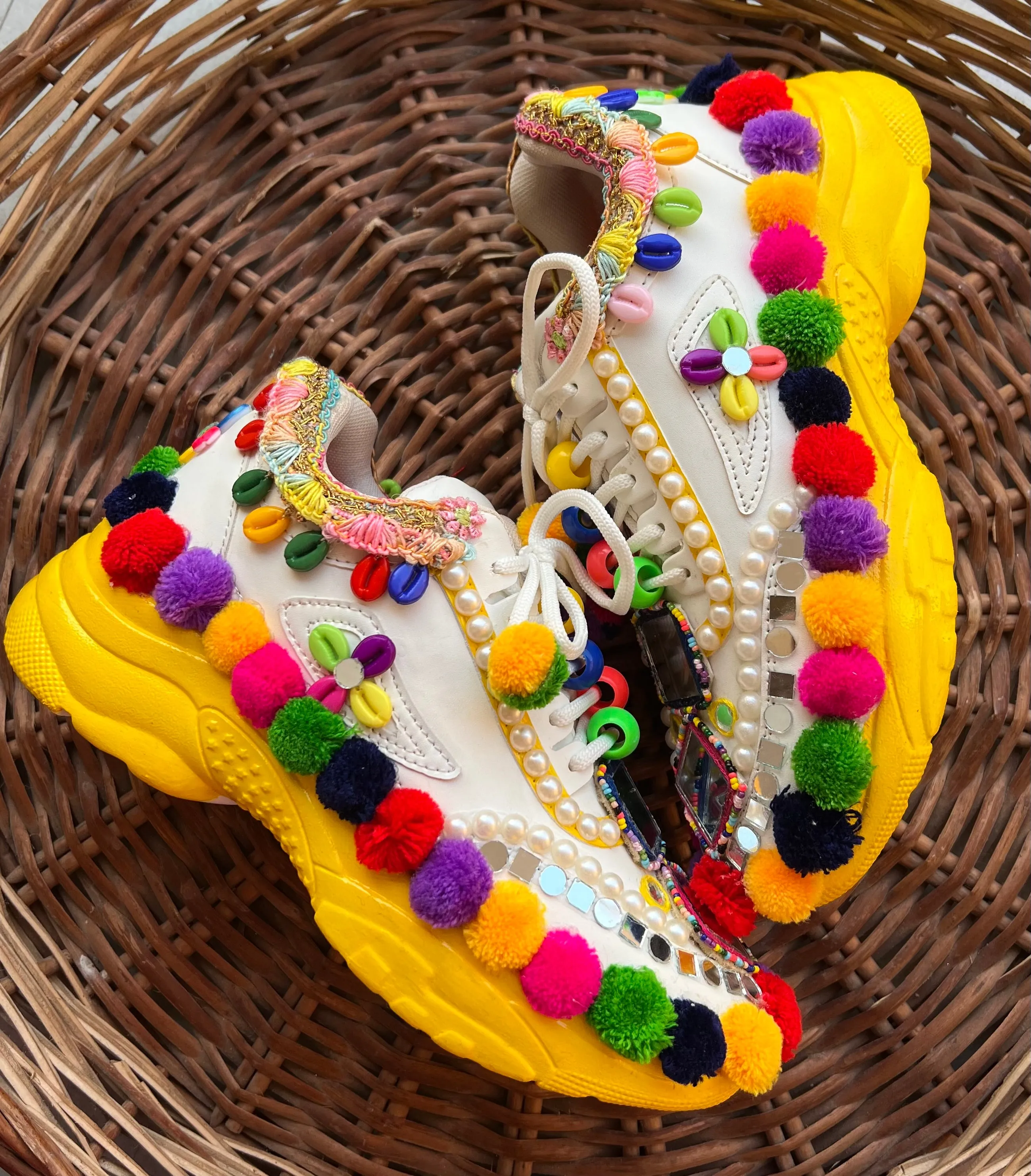 Funky N Trendy hand crafted yellow and multi colored  hand work bridal sneakers/ bridesmaid sneaker / yellow sneakers/ yellow shoes for haldi ceremony/ pom pom shoes/ garba shoes / Gujarati shoes