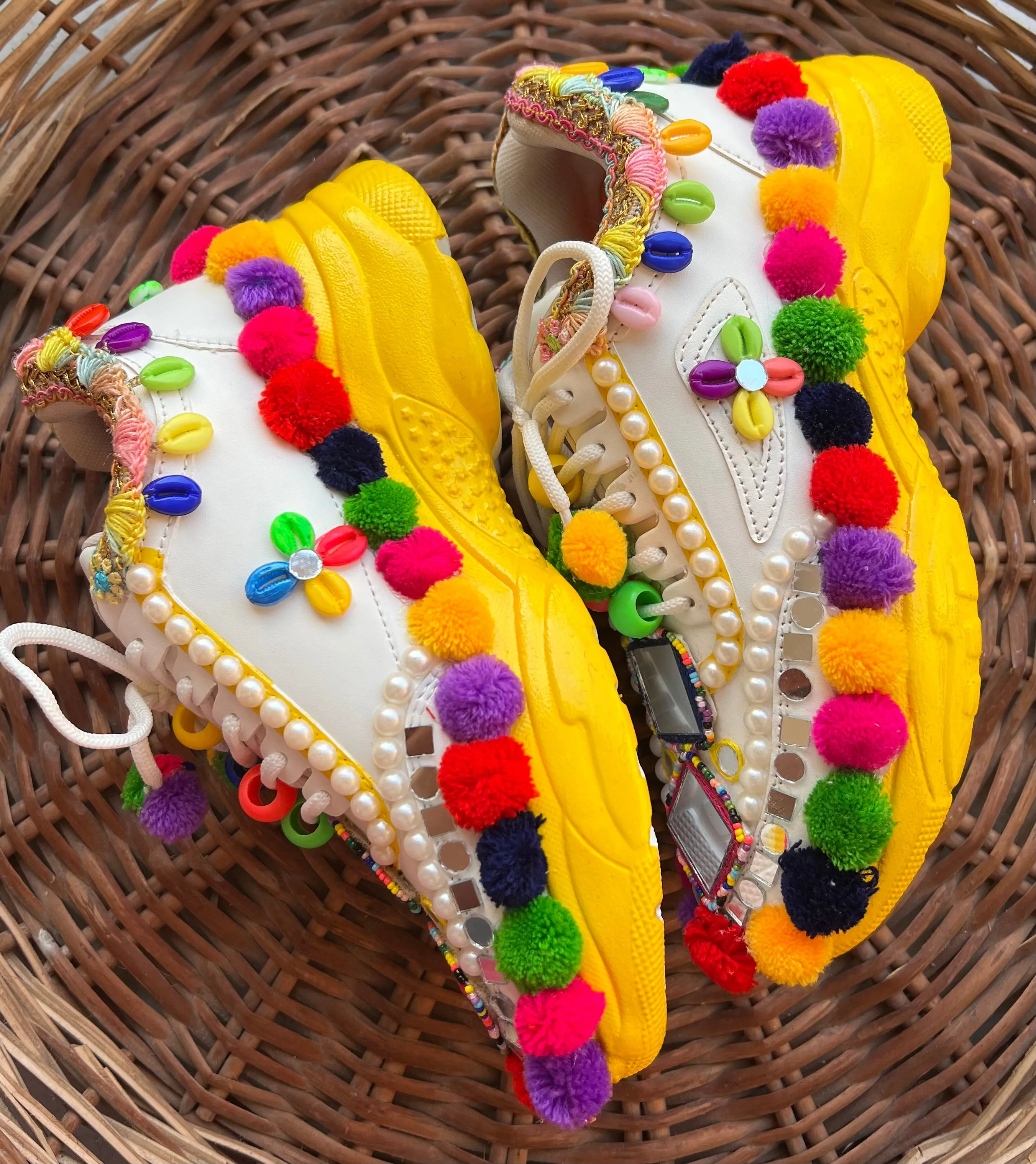 Funky N Trendy hand crafted yellow and multi colored  hand work bridal sneakers/ bridesmaid sneaker / yellow sneakers/ yellow shoes for haldi ceremony/ pom pom shoes/ garba shoes / Gujarati shoes