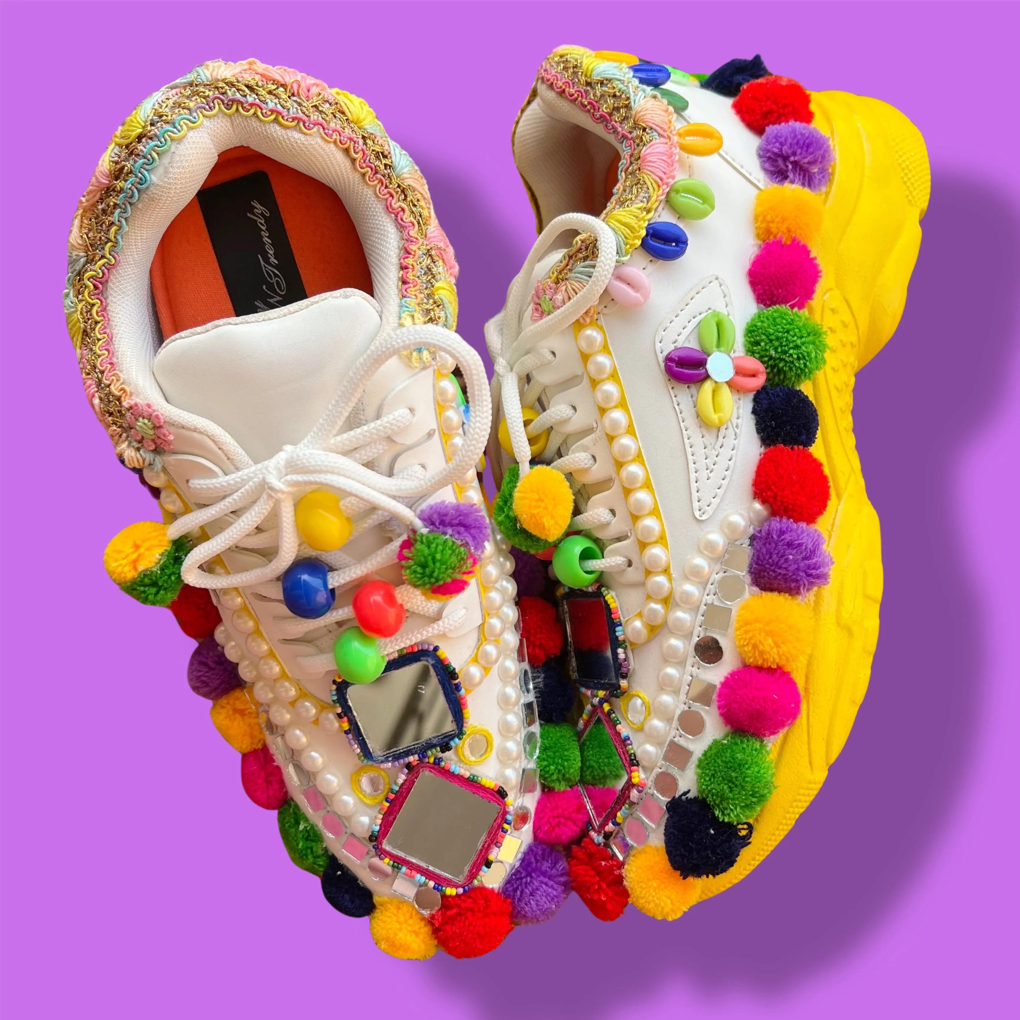 Funky N Trendy hand crafted yellow and multi colored  hand work bridal sneakers/ bridesmaid sneaker / yellow sneakers/ yellow shoes for haldi ceremony/ pom pom shoes/ garba shoes / Gujarati shoes