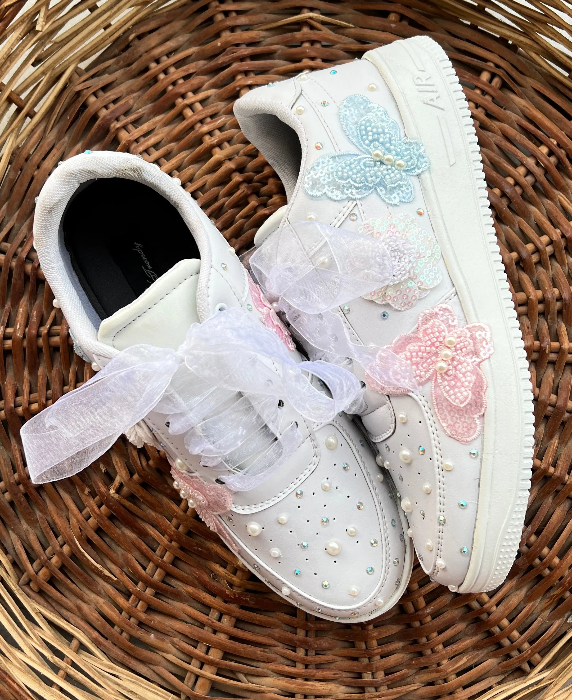 Funky N Trendy silver / white embroidery work bridal sneakers/ bridesmaid sneaker / hancrafted sneakers / white sneakers / silver sneakers/ pearl shoes /pearl sneakers/pink and blue butterfly sneakers