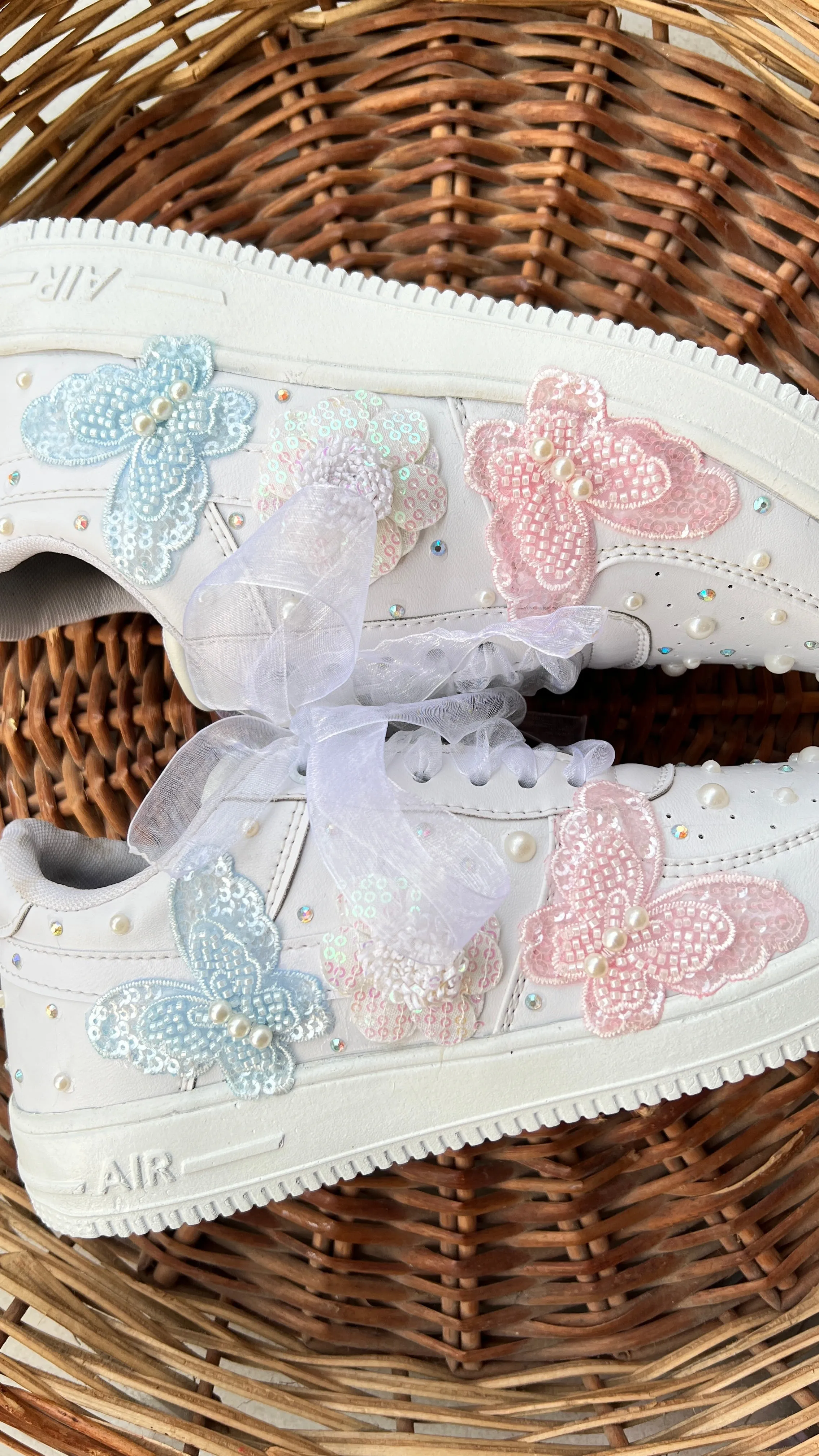 Funky N Trendy silver / white embroidery work bridal sneakers/ bridesmaid sneaker / hancrafted sneakers / white sneakers / silver sneakers/ pearl shoes /pearl sneakers/pink and blue butterfly sneakers