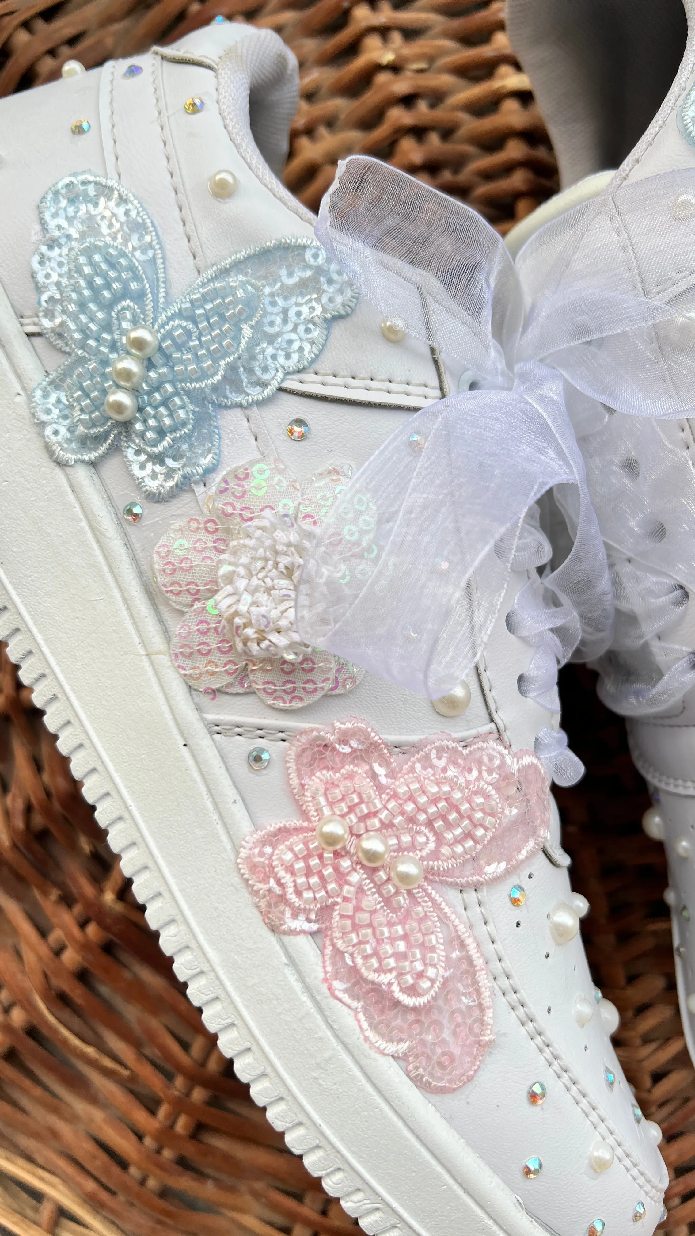 Funky N Trendy silver / white embroidery work bridal sneakers/ bridesmaid sneaker / hancrafted sneakers / white sneakers / silver sneakers/ pearl shoes /pearl sneakers/pink and blue butterfly sneakers