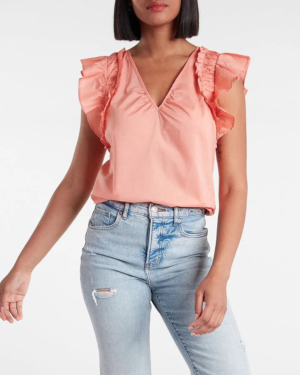 Gathered V-Neck Flutter Sleeve Top in Terra Cotta