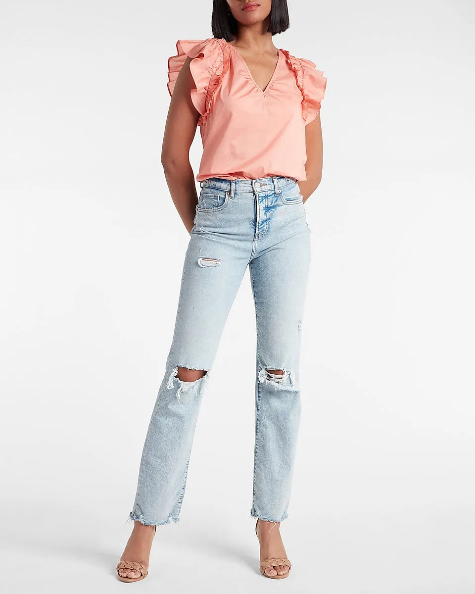 Gathered V-Neck Flutter Sleeve Top in Terra Cotta