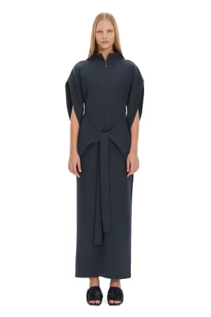 Gray Cap Sleeve High Neck Belted Futuristic Maxi Dress