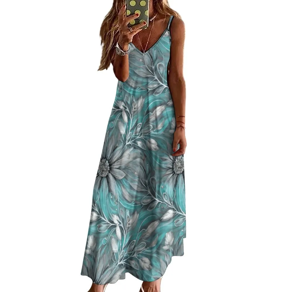 Green Elegant Floral Spaghetti Strap Ankle-Length Dress Long dress