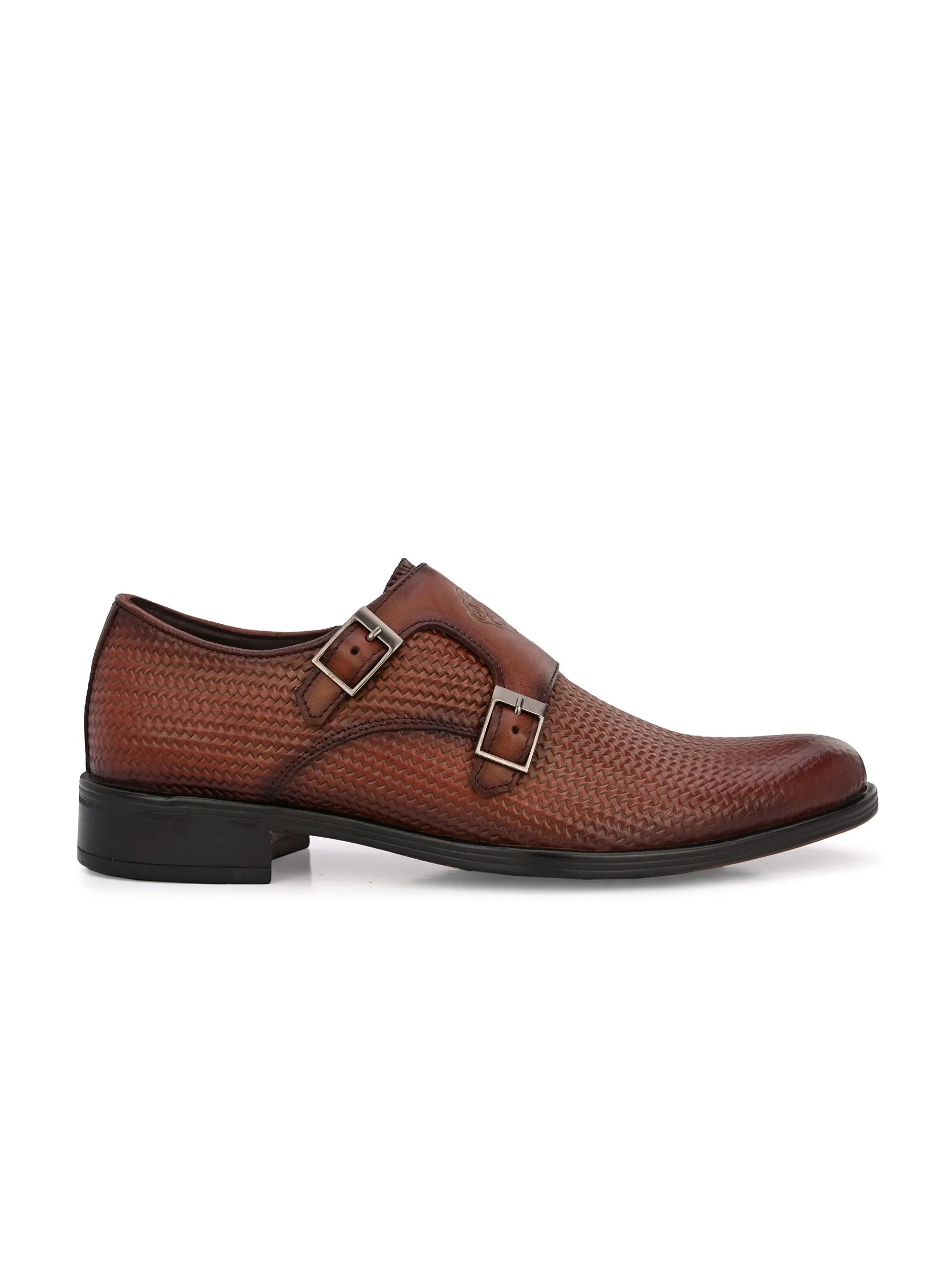 Hitz Men's Brown Leather Doble Monk Semi-Formal Shoes