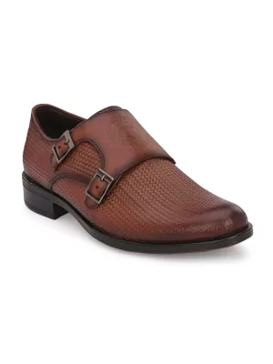 Hitz Men's Brown Leather Doble Monk Semi-Formal Shoes